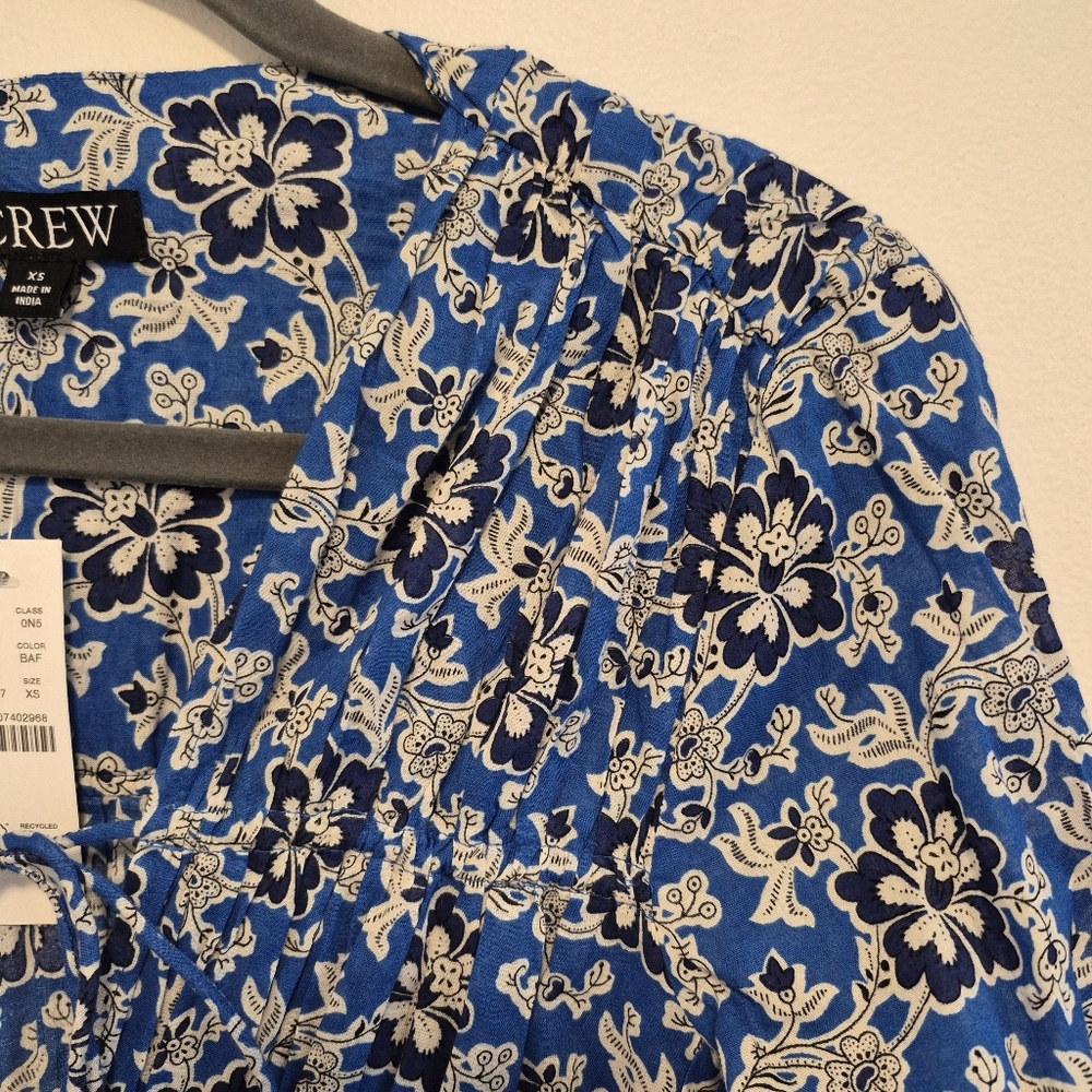 J. Crew Tiered Tie Front Beach Dress Cobalt Blue Floral Cotton Vneck Mini Sz XS - Picture 10 of 16